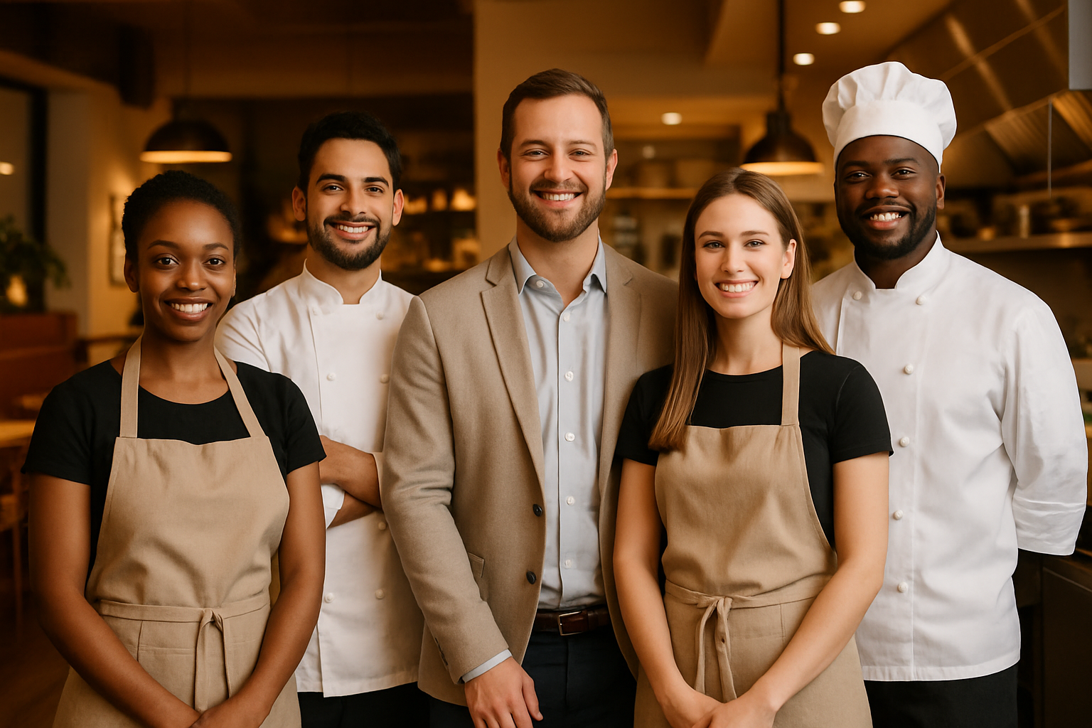 Create a clean photograph of diverse restaurant staff in a professional kitchen or dining area setting Show servers in aprons kitchen staff in chef coats and a manager in business casual attire standing together in a natural confident group pose The-1