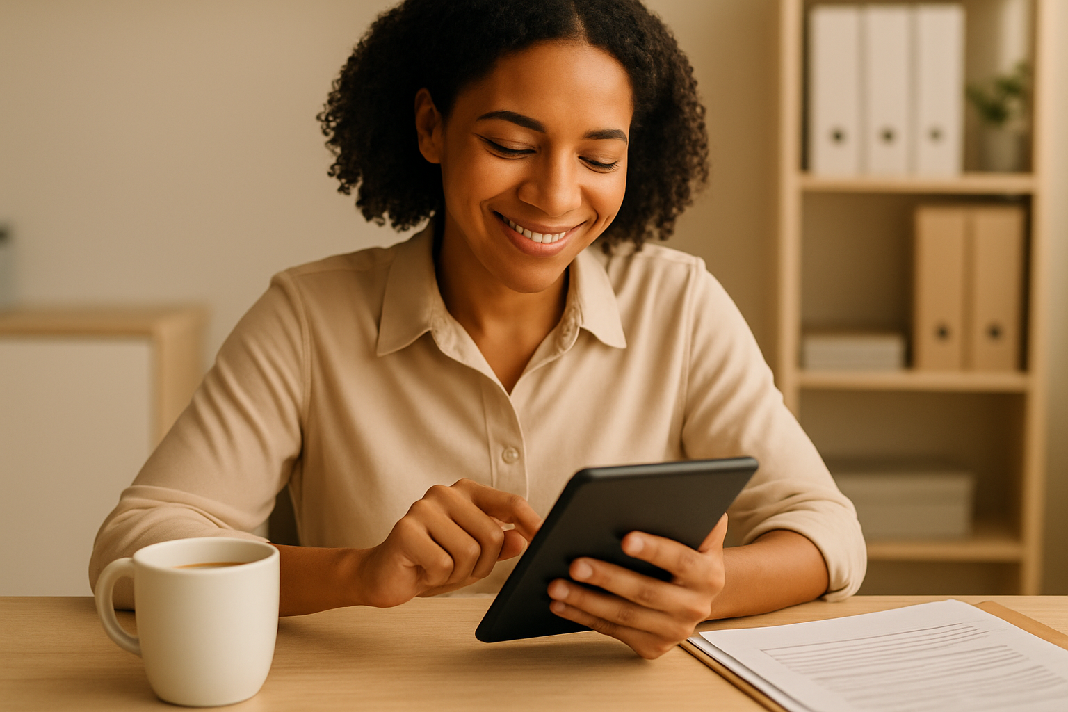 Create a closeup photograph of a smiling new employee sitting at a clean desk confidently completing digital forms on a tablet or smartphone The person should appear relaxed and satisfied perhaps with a slight smile showing relief or accomplishment I-2