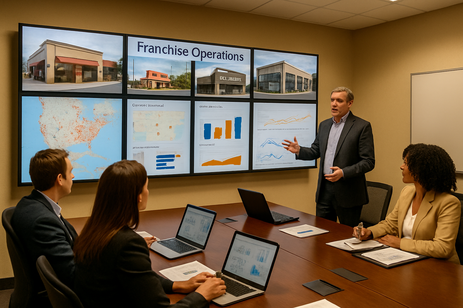 photograph of a franchise operations center or meeting room with a large wall display or multiple monitors showing different franchise locations Include a franchise manager or operations team reviewing location data across multiple-1