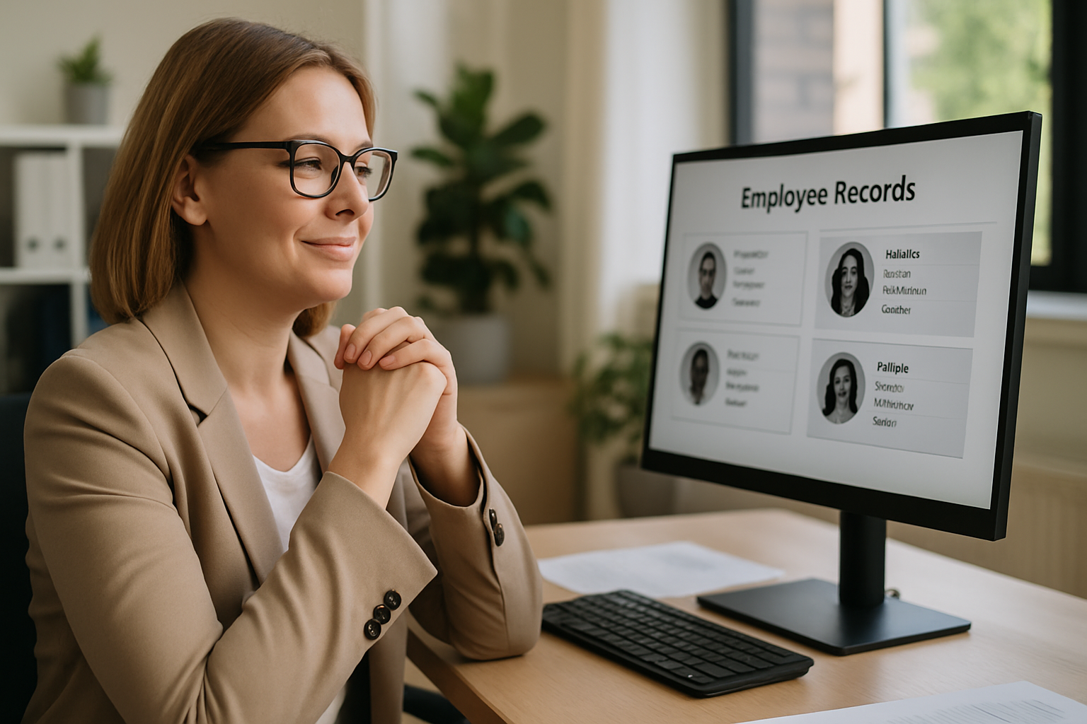 Photograph a confident HR manager or office professional reviewing employee records on a computer screen with a satisfied reassured expression The person should appear calm and in control perhaps leaning back slightly in their chair or with hands cla-1