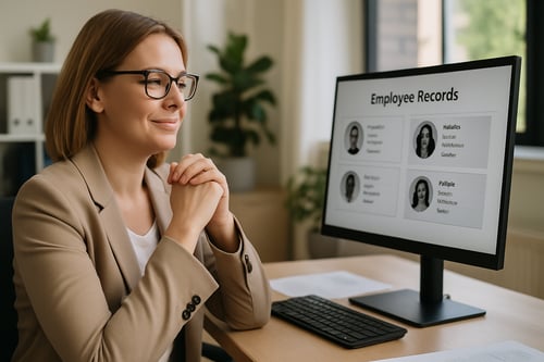 HR manager or office professional reviewing employee records on a computer screen with a satisfied reassured expression The person should appear calm and in control perhaps leaning back slightly in their chair or with hands cla-1