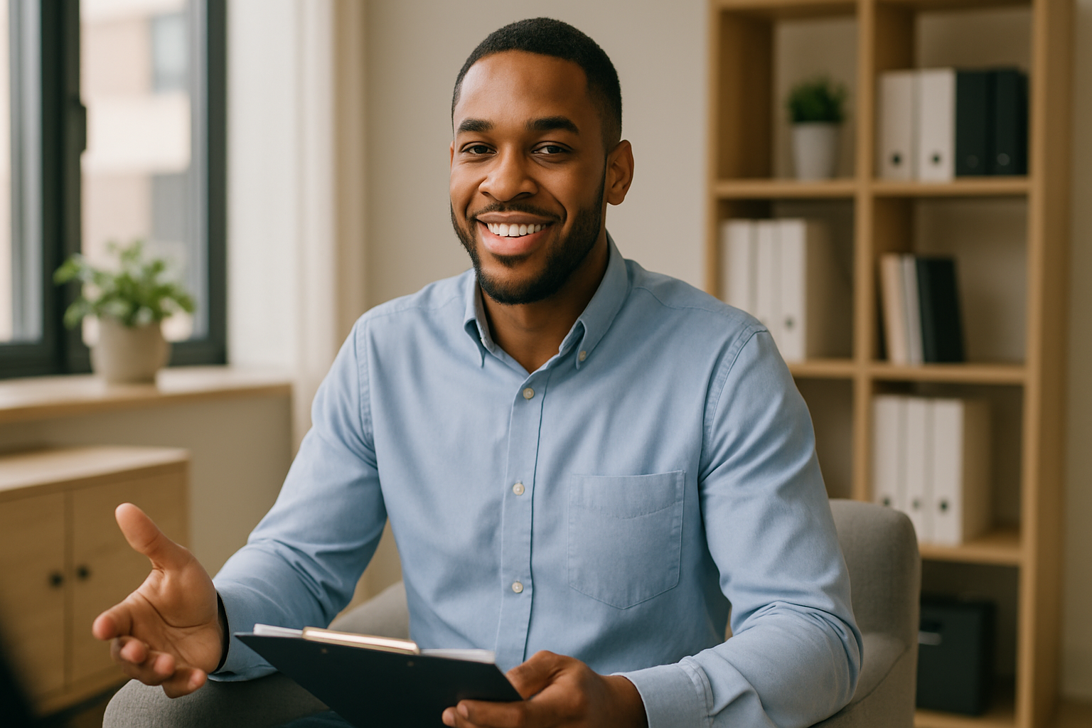 Photograph a job candidate or new hire sitting comfortably while providing information during an interview or onboarding process The person should appear relaxed and confident while sharing their qualifications or answering questions Show them in a p-1
