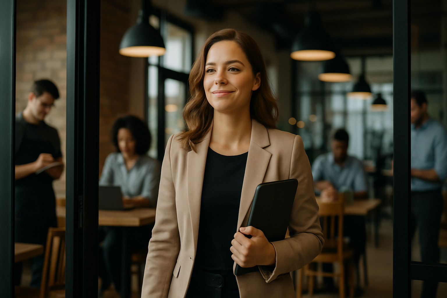 Photograph a new employee walking confidently through a workplace entrance or into a team meeting area carrying a folder or tablet with a satisfied and readytowork expression Show them from a medium distance in a professional work environment  could