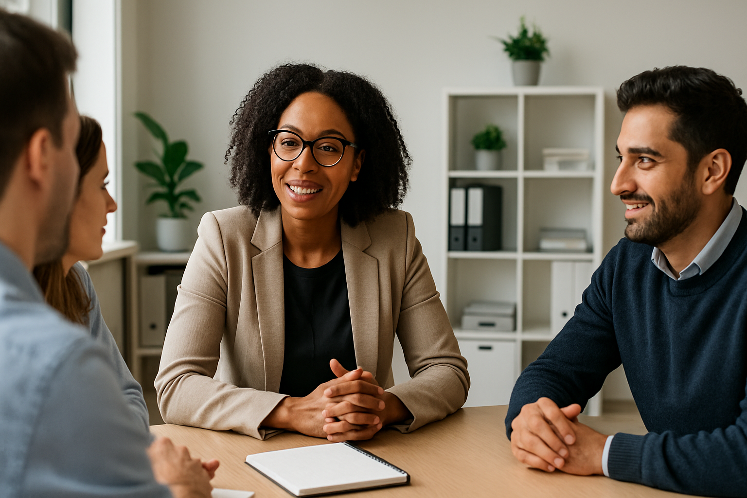 Photograph a workplace scene showing an HR professional or manager engaged in meaningful conversation with an employee or group of employees The interaction should appear personal and engaged  perhaps discussing goals providing mentoring or having a-1