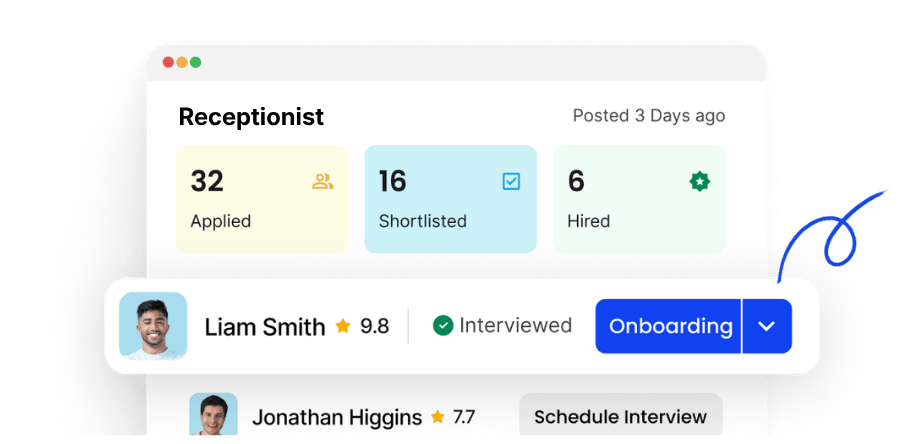 Applicant tracking system dashboard showing candidates, applications, interviews, and hiring status