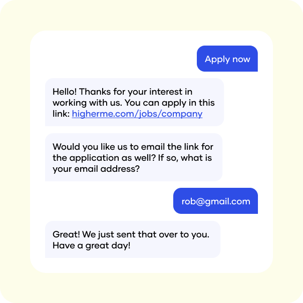 A text conversation showing how HigherMe's text-to-apply automation works for restaurants