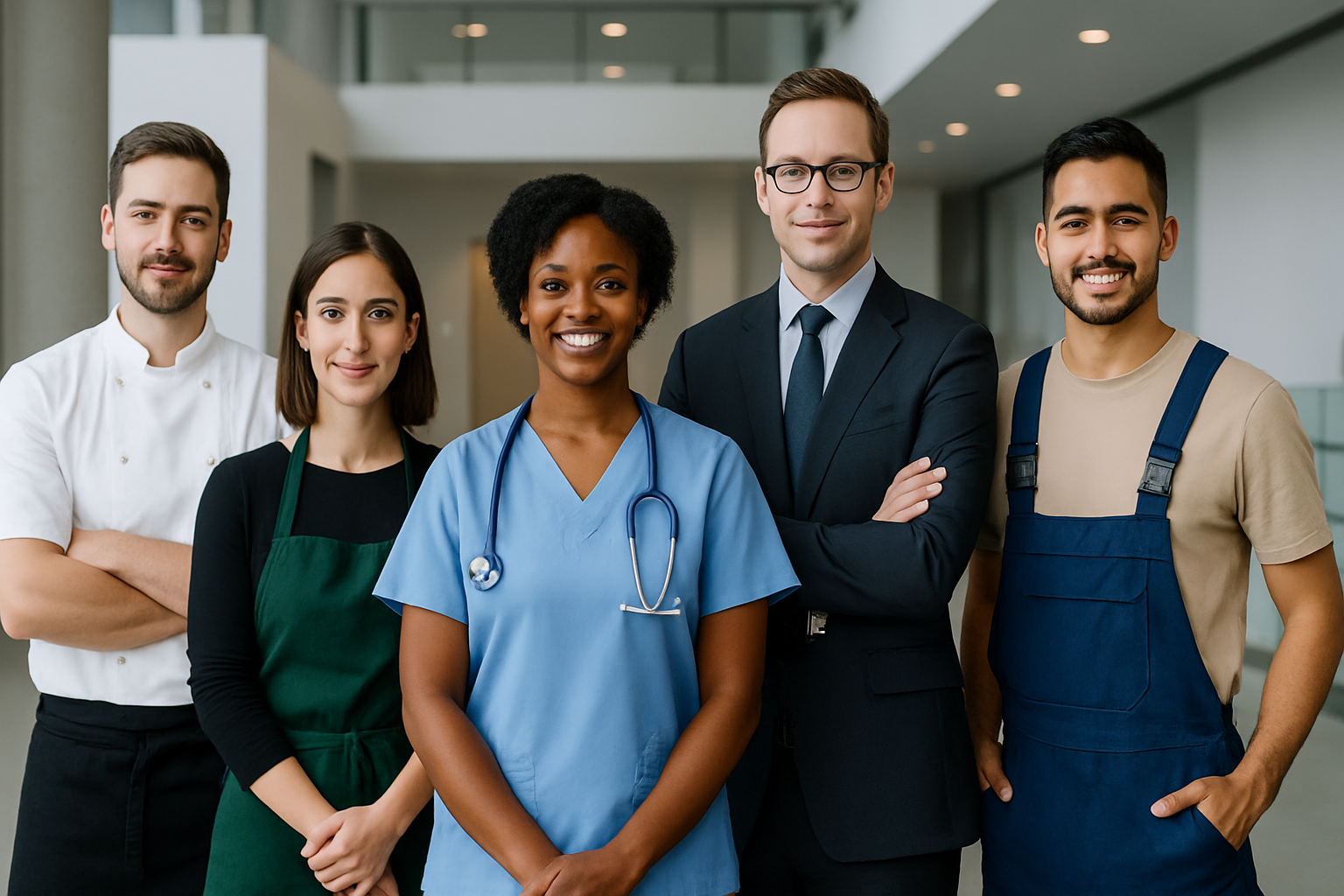 Photograph a diverse group of professionals from different industries standing together in a modern neutral business environment Include people representing various sectors  someone in restauranthospitality uniform a retail associate a healthcare wor-1